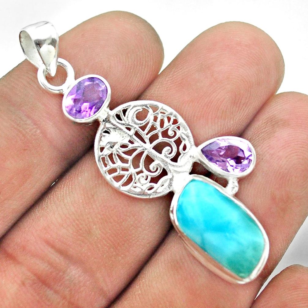 925 silver 10.51cts natural blue larimar amethyst tree of life pendant t56693