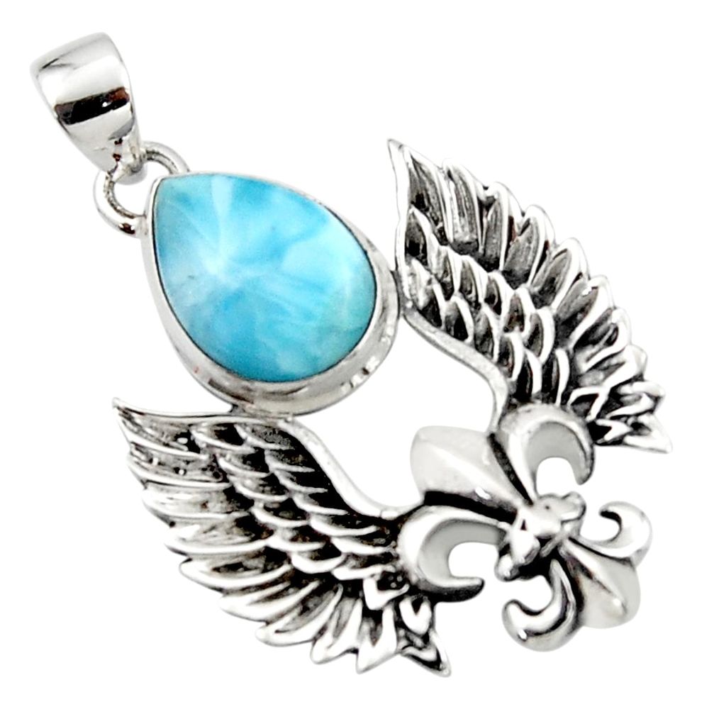 925 silver 6.71cts natural blue larimar feather charm pendant jewelry r52884