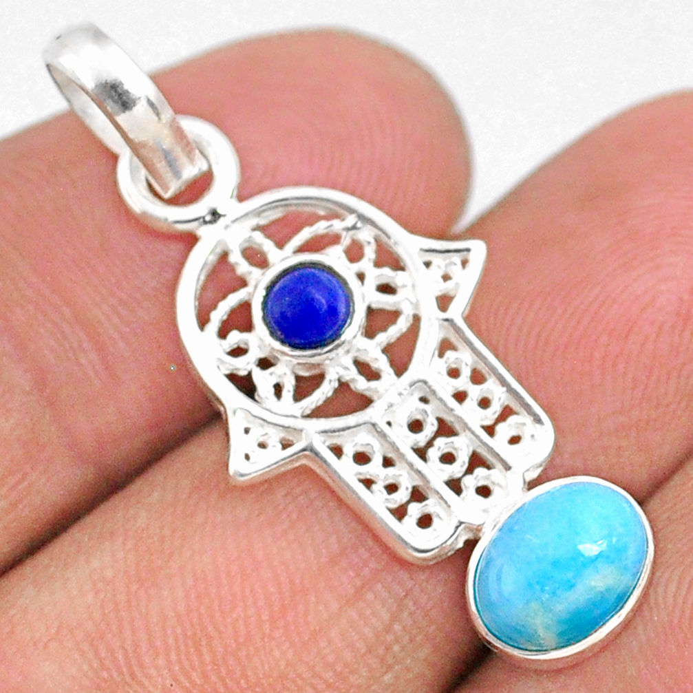 925 silver 2.66cts natural blue larimar hand of god hamsa pendant r67949