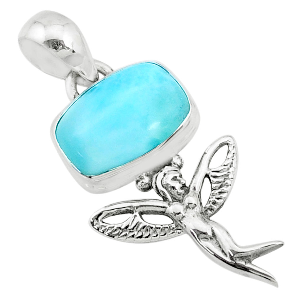 925 silver 4.06cts natural blue larimar octagan angel wings fairy pendant r72387