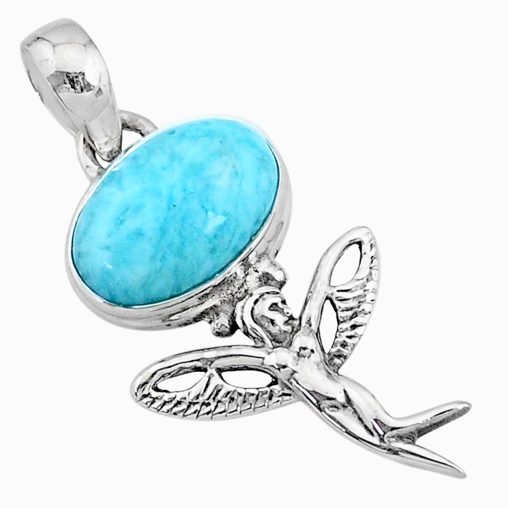 925 silver 4.08cts natural blue larimar oval angel wings fairy pendant r72389