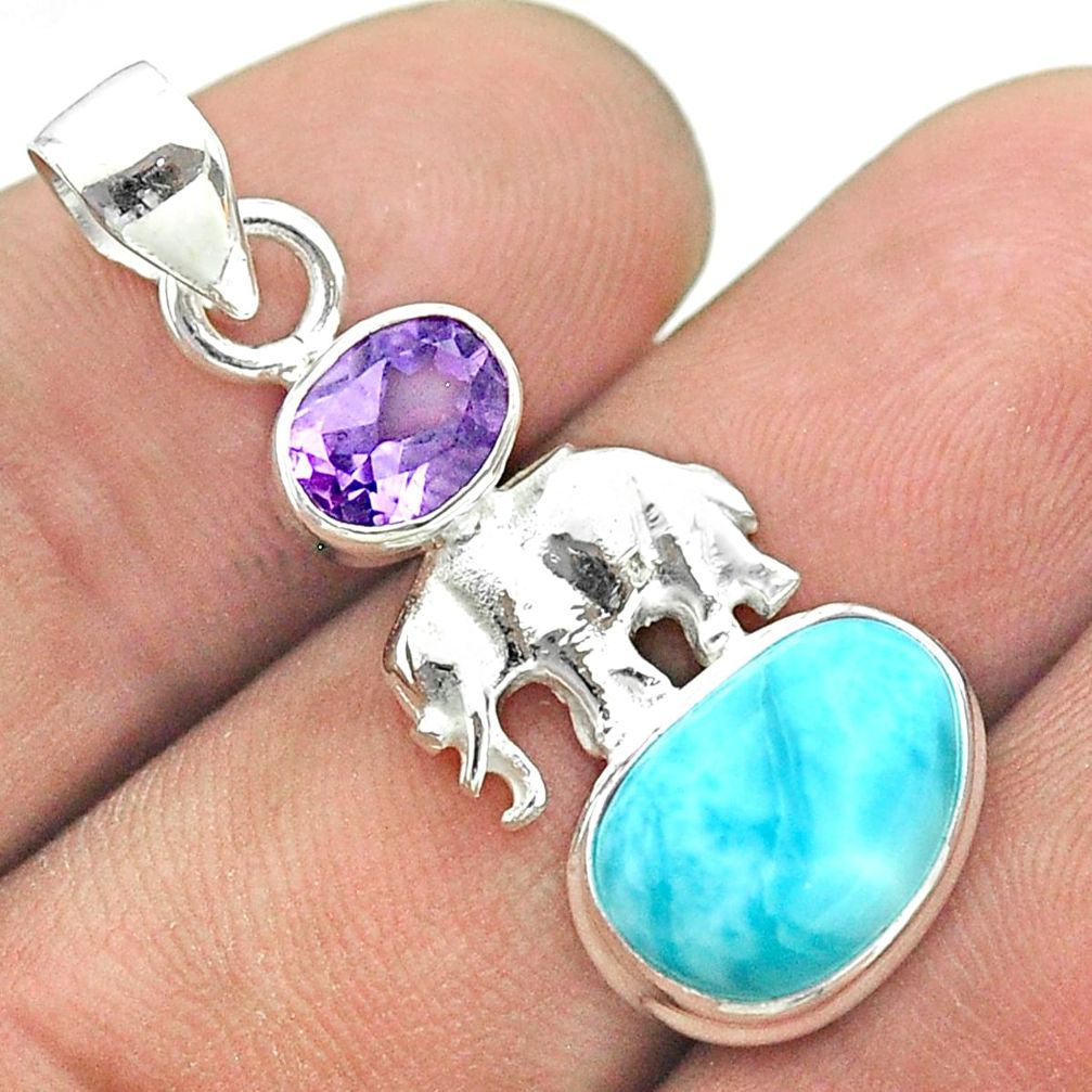 925 silver 6.72cts natural blue larimar purple amethyst elephant pendant t56630