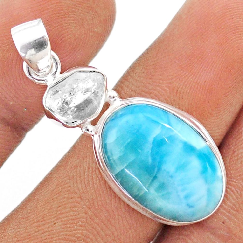 925 silver 14.68cts natural blue larimar white herkimer diamond pendant t80098