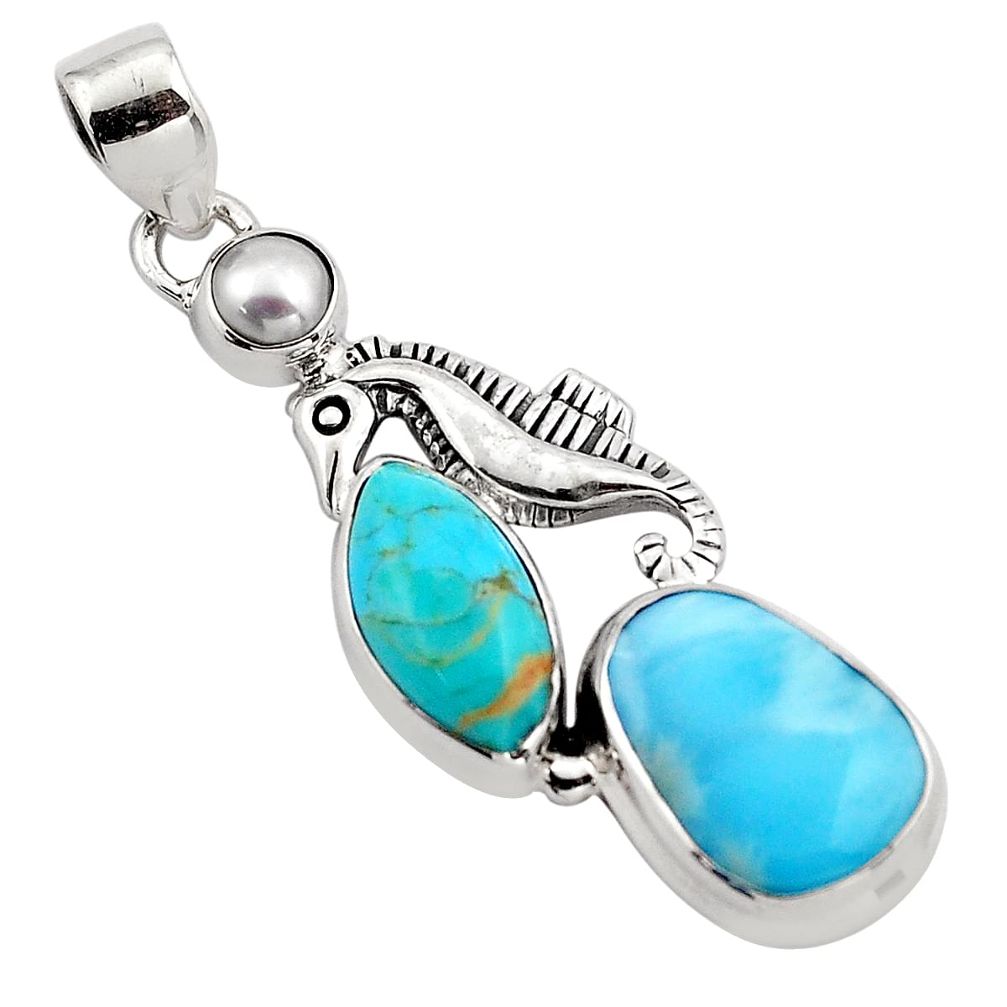925 silver 14.72cts natural blue larimar white pearl seahorse pendant p88983