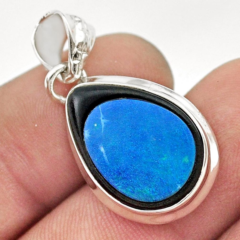 925 silver 12.30cts natural blue opal cameo on black onyx pear pendant d48744
