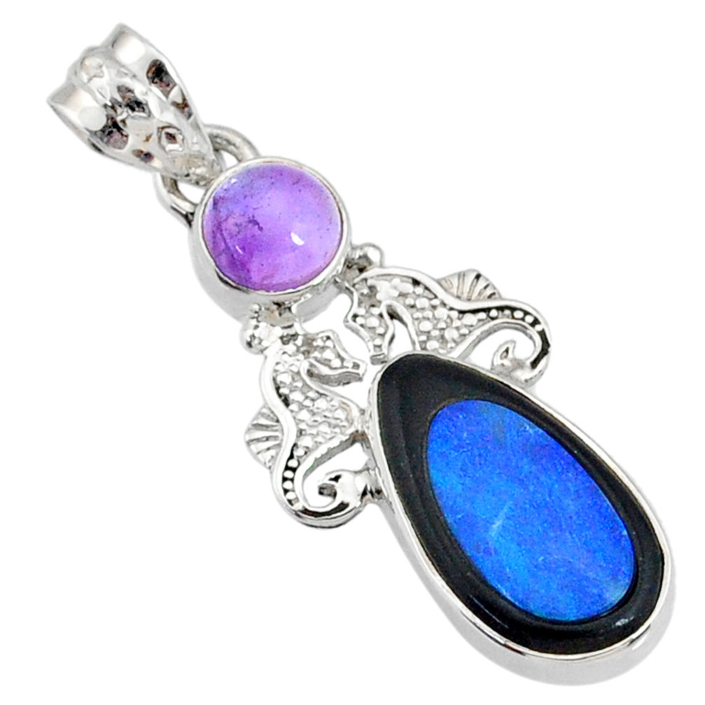 925 silver 8.42cts natural blue opal cameo on black onyx seahorse pendant r72943