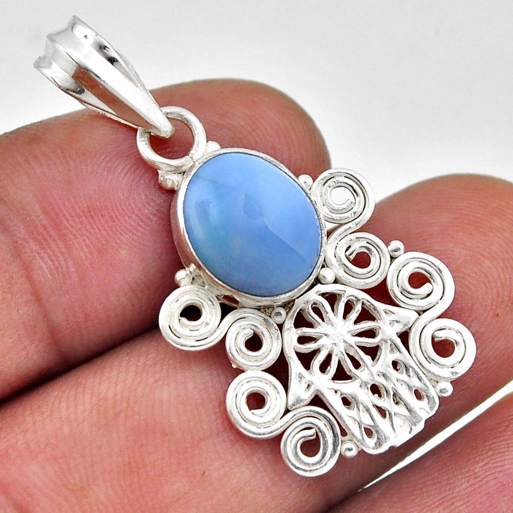 925 silver 5.43cts natural blue owyhee opal hand of god hamsa pendant n47069