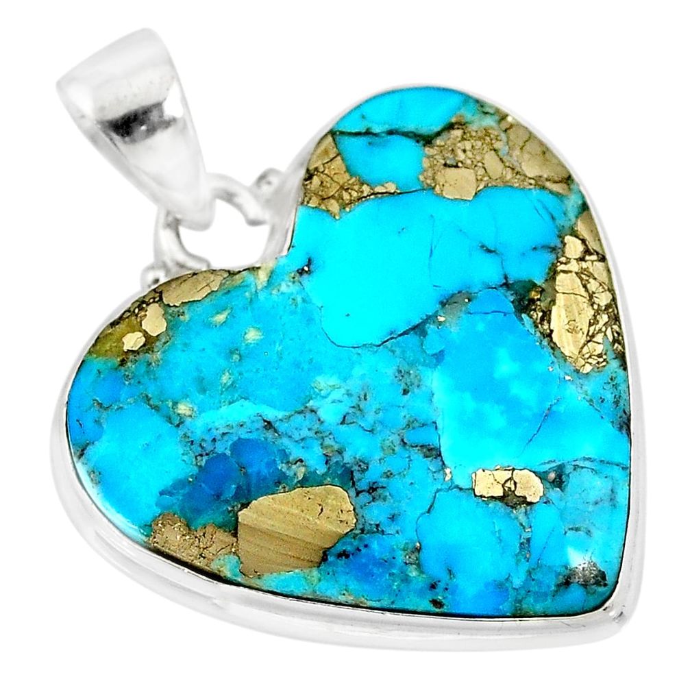 925 silver 18.70cts natural blue persian turquoise pyrite heart pendant r83269