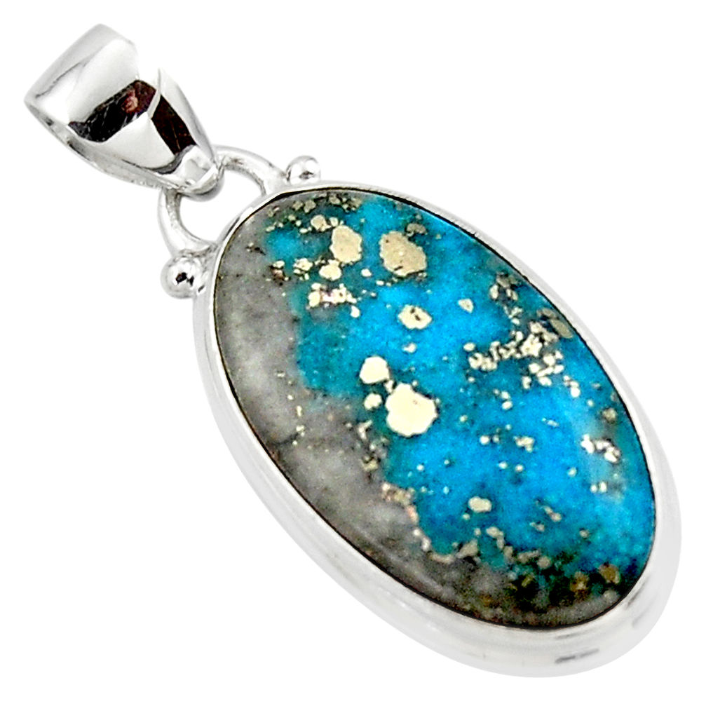 925 silver 11.73cts natural blue persian turquoise pyrite oval pendant r49333