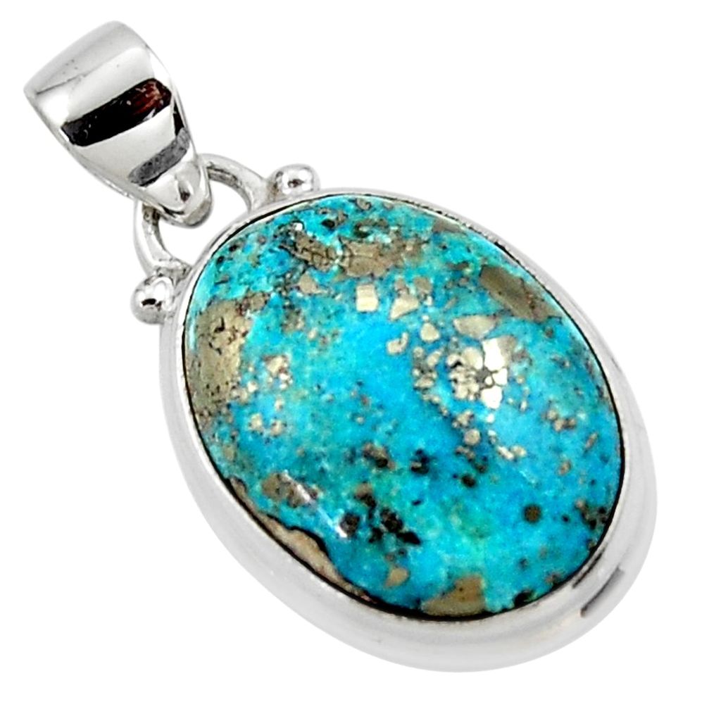 925 silver 12.93cts natural blue persian turquoise pyrite oval pendant r49349