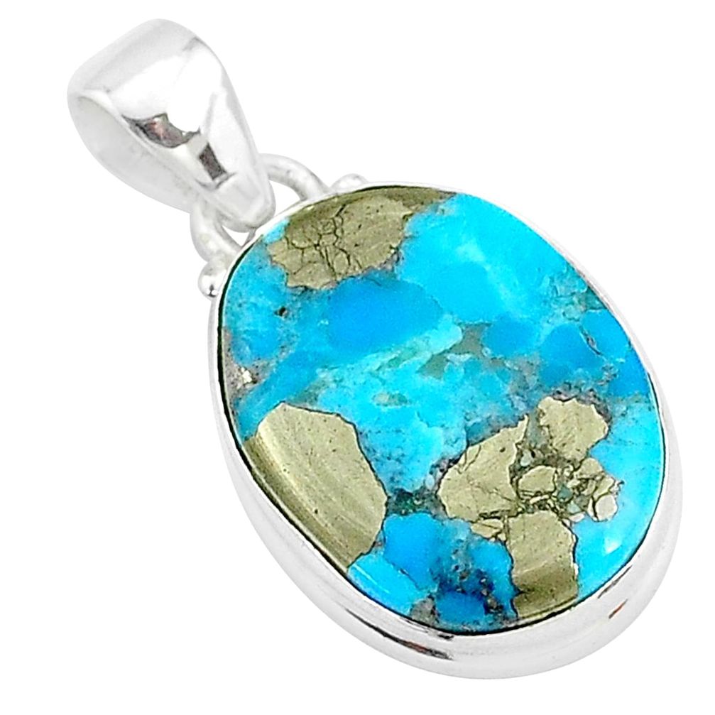 925 silver 11.70cts natural blue persian turquoise pyrite oval pendant t4144