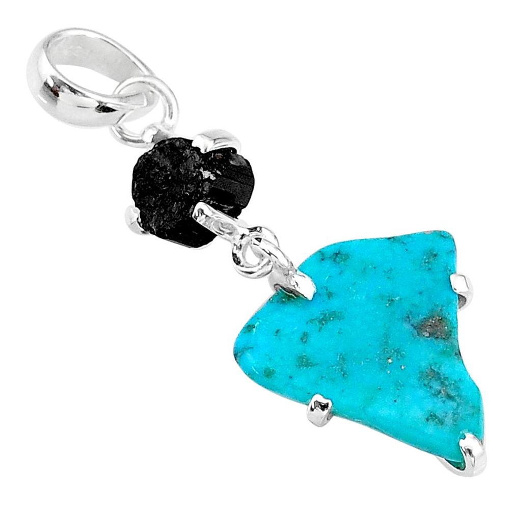 925 silver 8.70cts natural blue raw turquoise black tourmaline pendant t14940