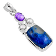 925 silver 16.30cts natural blue shattuckite amethyst white pearl pendant n24642