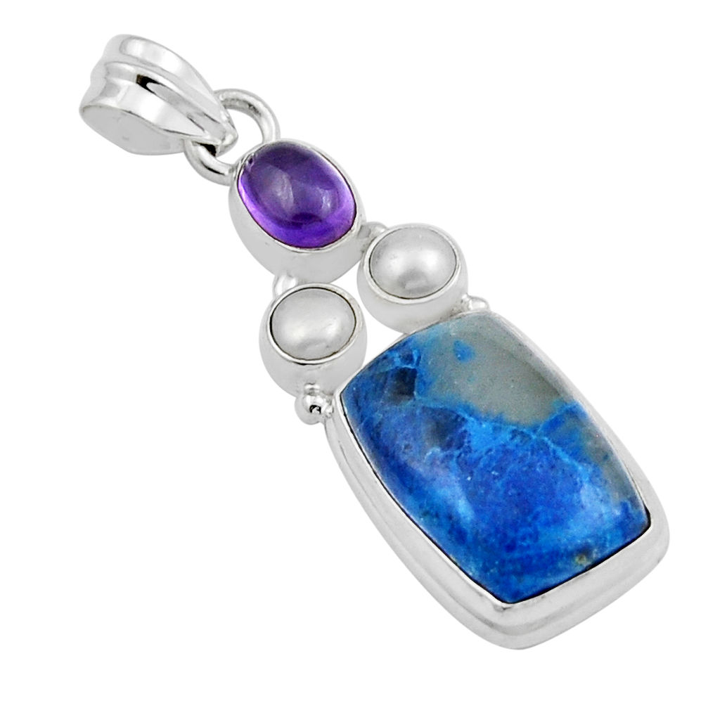 925 silver 14.21cts natural blue shattuckite amethyst white pearl pendant y22935