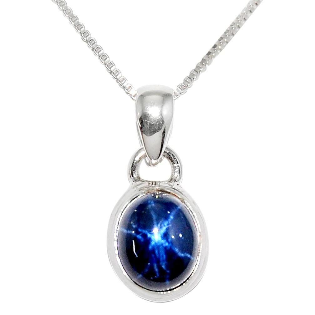 925 silver 4.16cts natural blue star sapphire oval 18' chain pendant r36407
