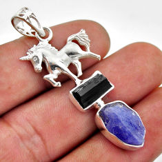 925 silver 11.23cts natural blue tanzanite tourmaline rough horse pendant n48203