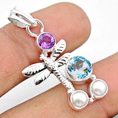 925 silver 4.40cts natural blue topaz amethyst pearl dragonfly pendant u14708