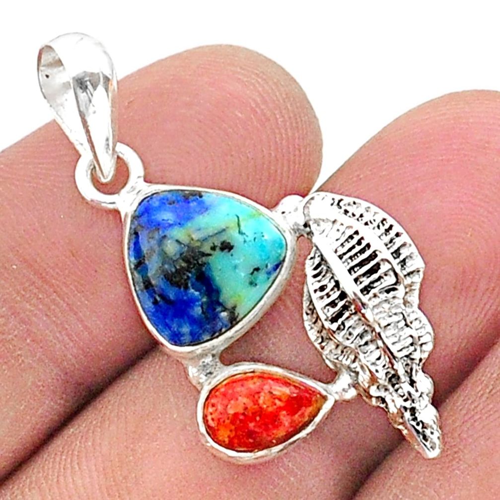 925 silver 6.10cts natural blue turquoise azurite coral seashell pendant t38340