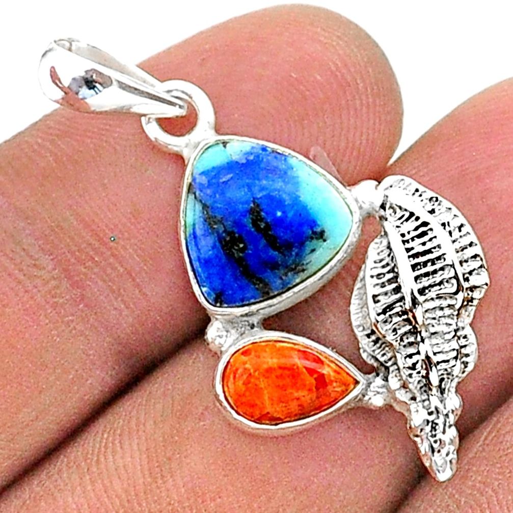 925 silver 7.82cts natural blue turquoise azurite coral seashell pendant t38392