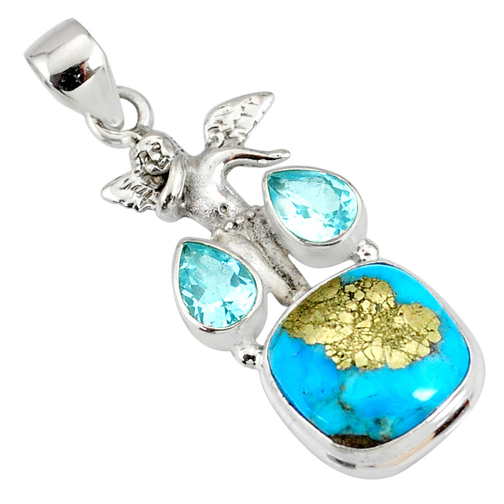 925 silver 9.39cts natural blue turquoise pyrite angel pendant r78086