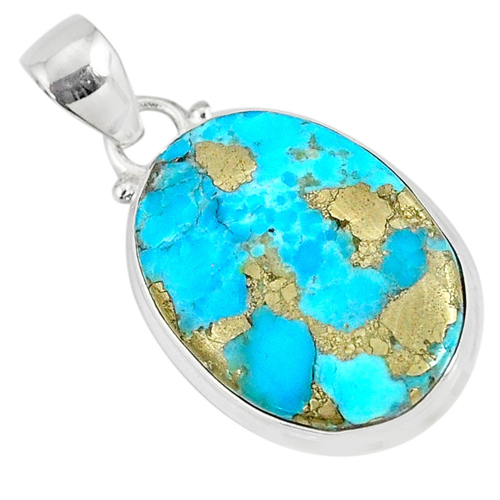 925 silver 13.15cts natural blue turquoise pyrite oval pendant r78124