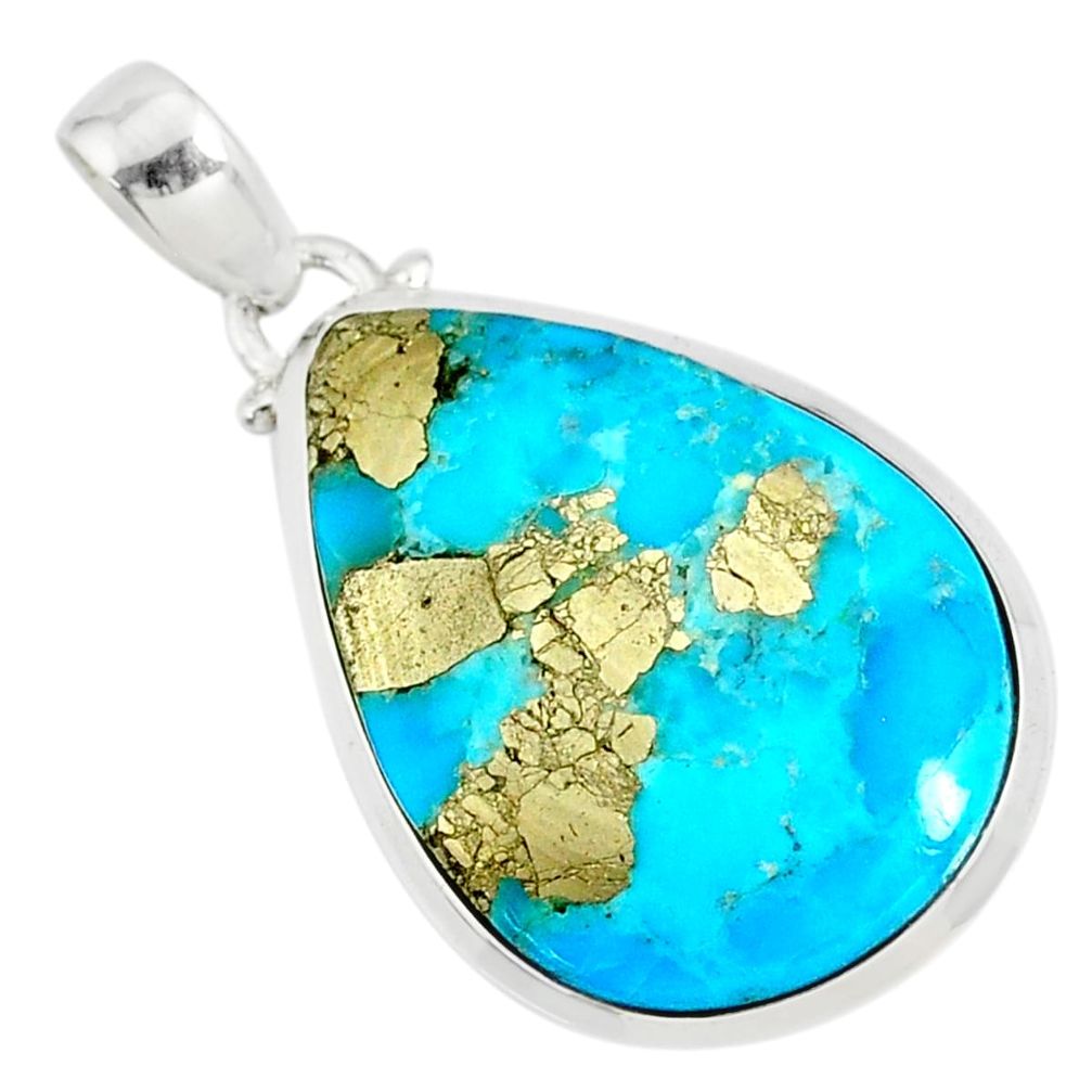 925 silver 18.28cts natural blue turquoise pyrite pear pendant r81124