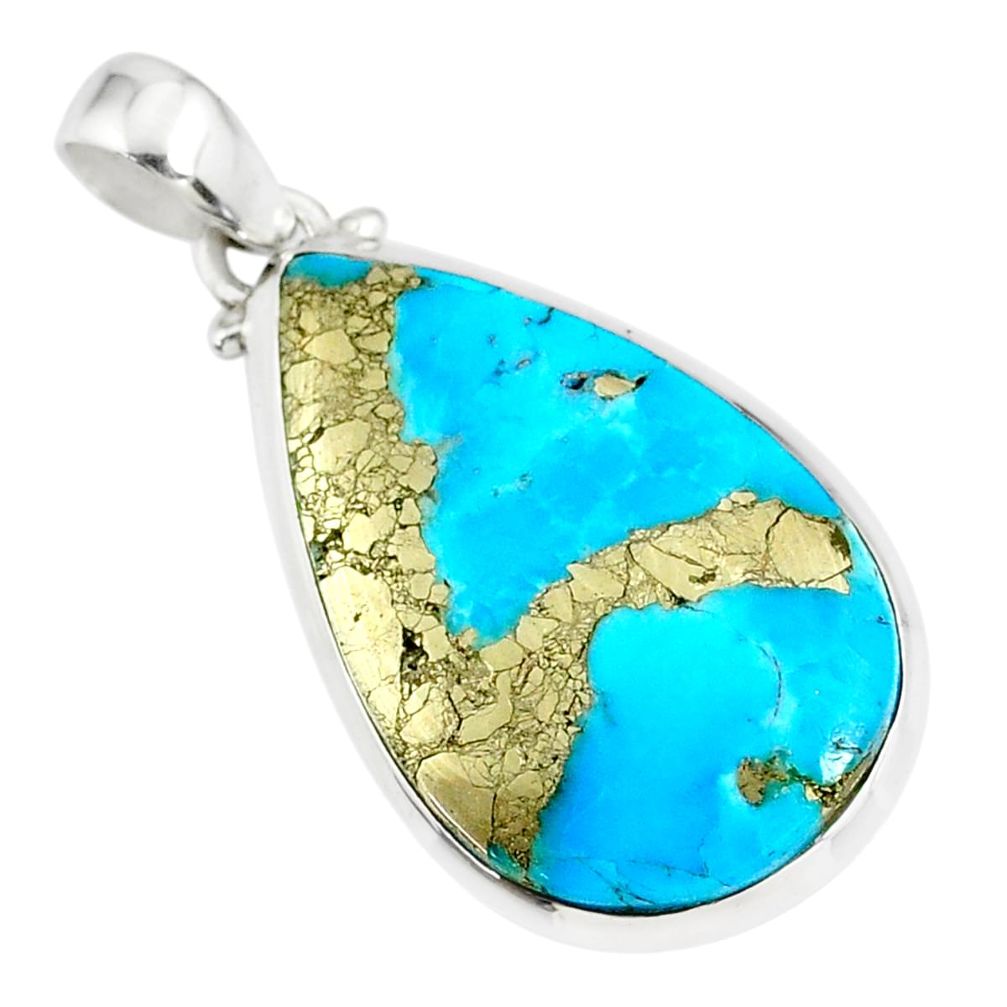 925 silver 19.42cts natural blue turquoise pyrite pear handmade pendant r81133