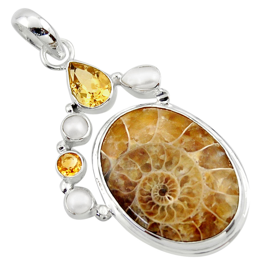 925 silver 27.70cts natural brown ammonite fossil citrine pearl pendant r40118