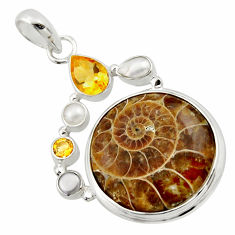 925 silver 29.40cts natural brown ammonite fossil citrine pearl pendant r40124