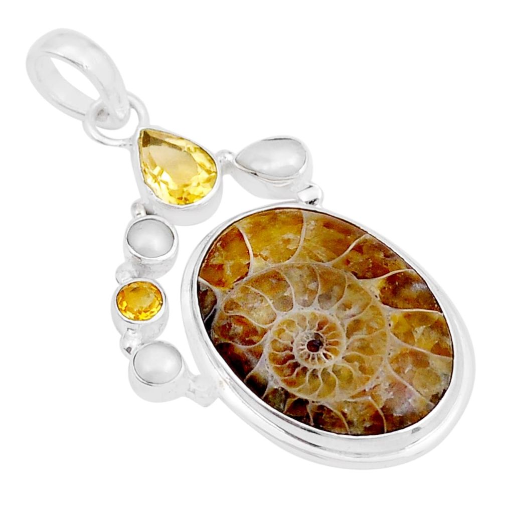 925 silver 27.65cts natural brown ammonite fossil citrine pearl pendant y6056