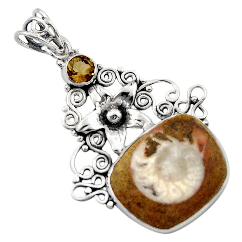 925 silver 15.85cts natural brown ammonite fossil fancy flower pendant d46684