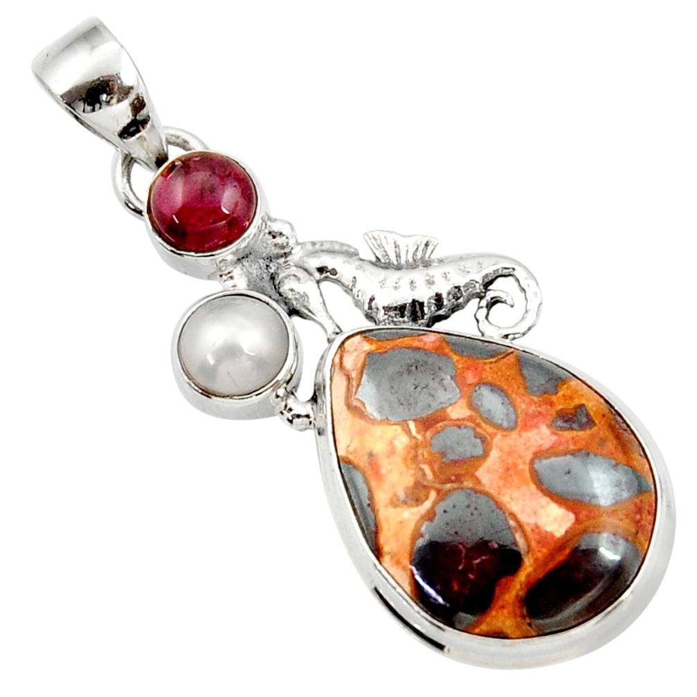 925 silver 18.15cts natural brown bauxite red garnet pearl fish pendant d43215