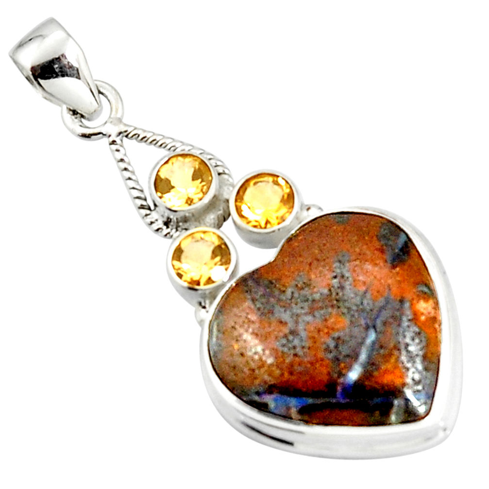 925 silver 22.59cts natural brown boulder opal heart citrine pendant r20324