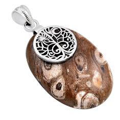 925 silver 32.83cts natural brown colus fossil oval tree of life pendant n23623