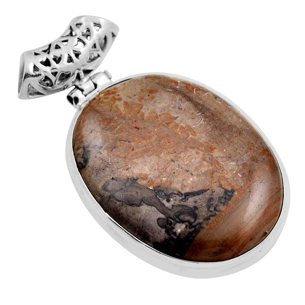 925 silver 27.08cts natural brown cotham landscape marble oval pendant n25015