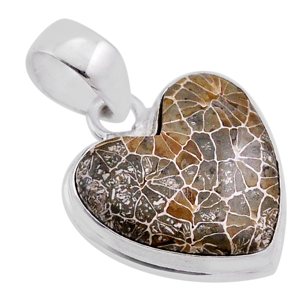 925 silver 11.11cts natural brown dinosaur bone fossilized heart pendant n40126