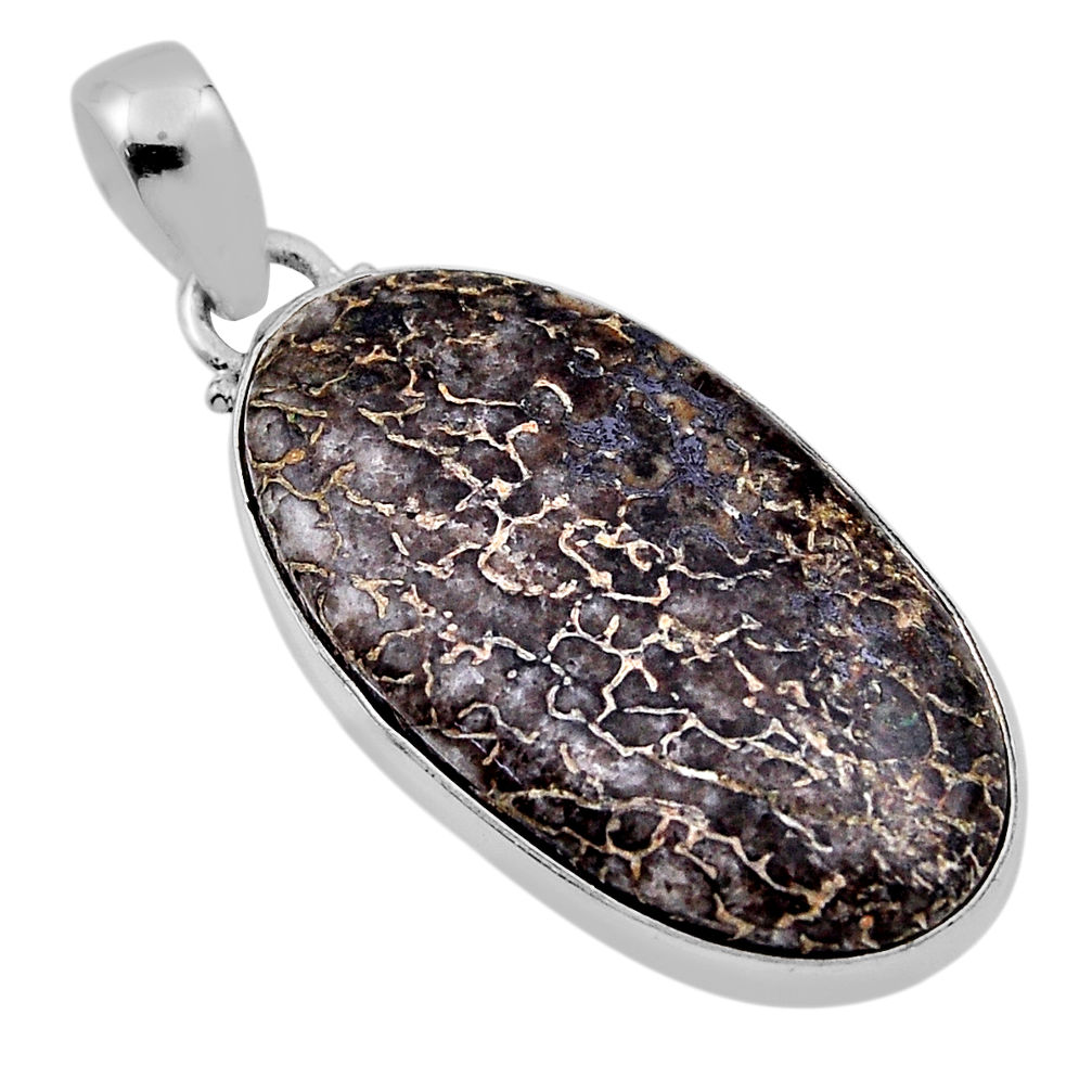 925 silver 19.85cts natural brown dinosaur bone fossilized oval pendant n31253