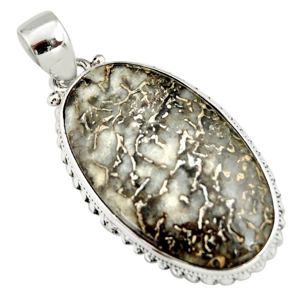 925 silver 22.41cts natural brown dinosaur bone fossilized oval pendant r20116