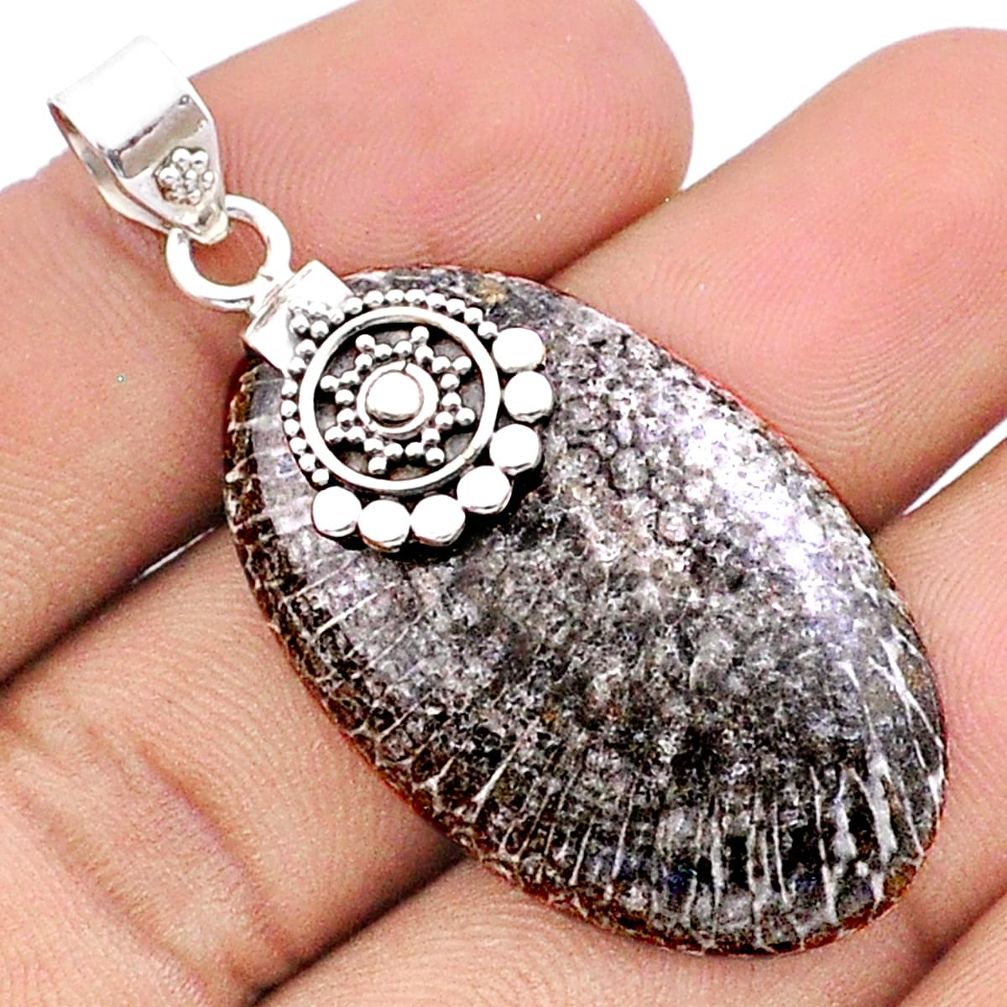 925 silver 24.06cts natural brown dinosaur bone fossilized oval pendant u17899