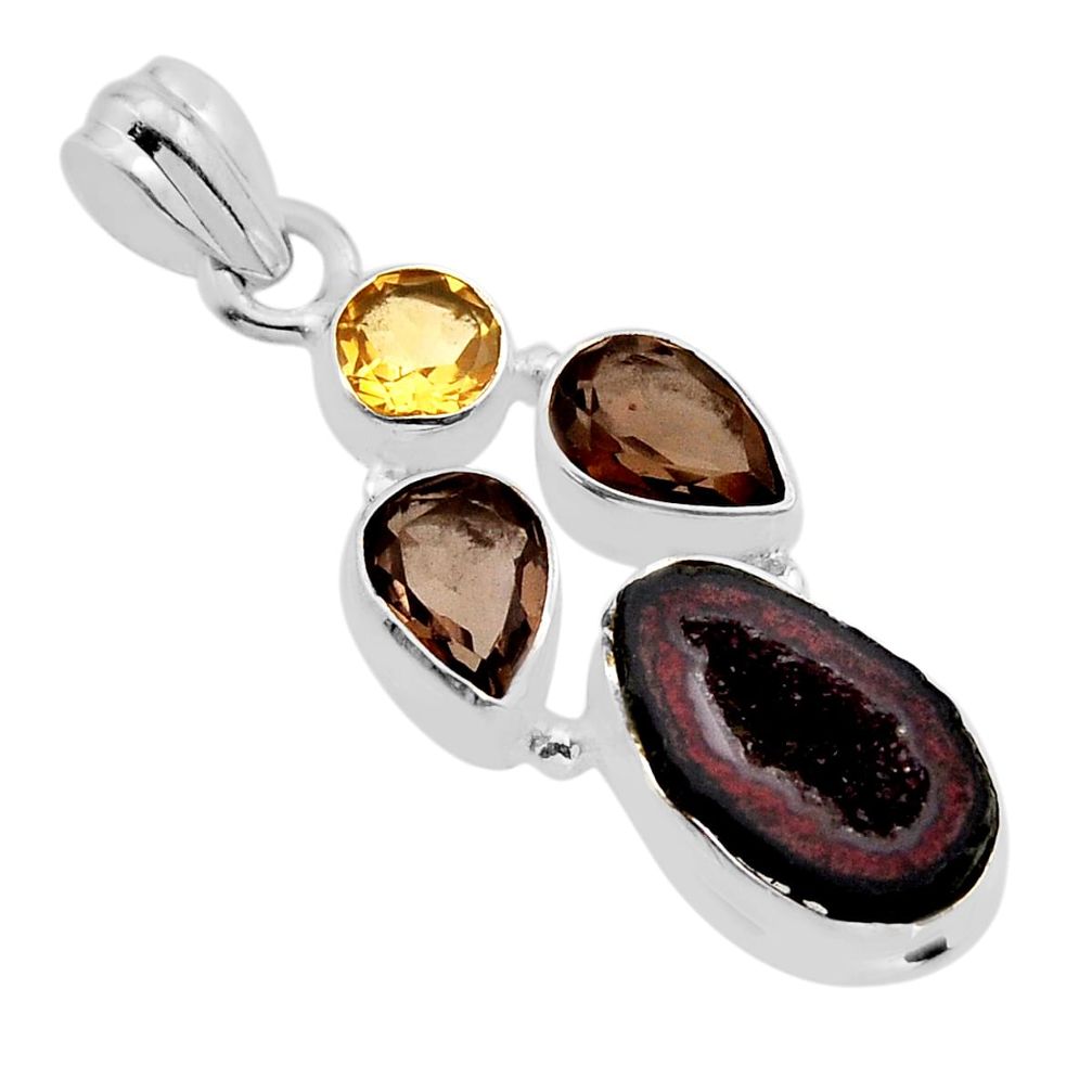 925 silver 11.66cts natural brown geode druzy smoky topaz citrine pendant n1843
