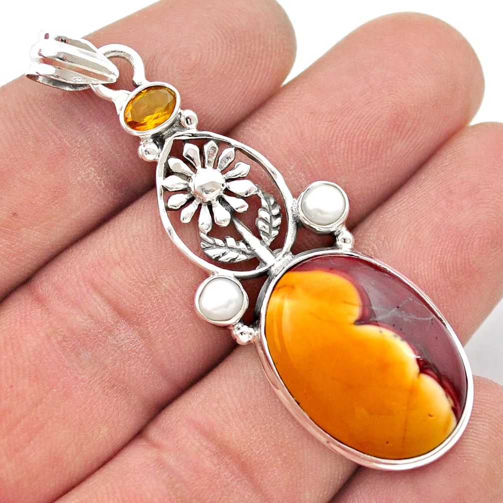 925 silver 18.96cts natural brown mookaite citrine pearl flower pendant d48380
