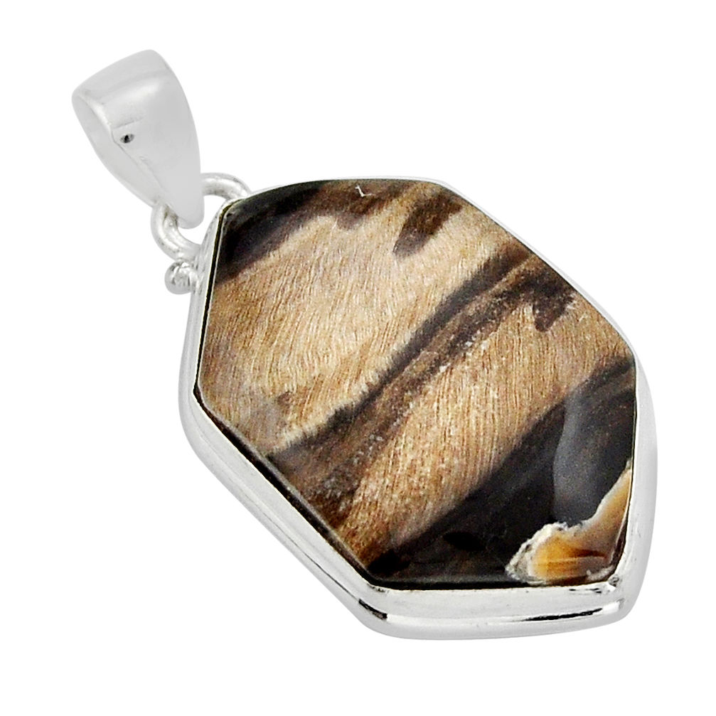925 silver 17.64cts natural brown petrified palm wood hexagon pendant y27239