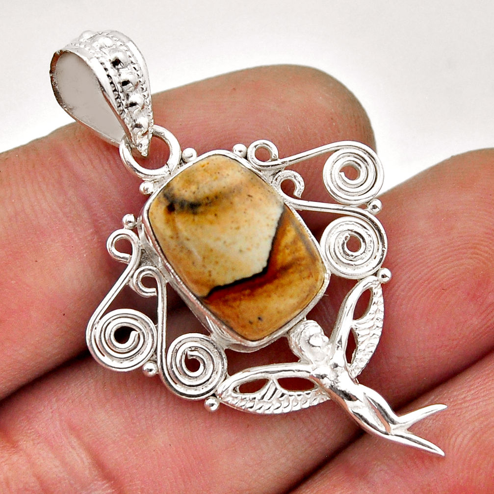 925 silver 6.70cts natural brown picture jasper angel wings fairy pendant n51608