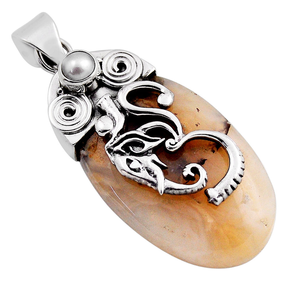 925 silver 33.38cts natural brown septarian gonads oval pearl om pendant n25304