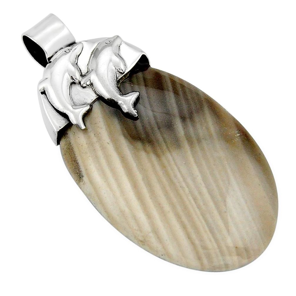 925 silver 31.17cts natural brown striped flint ohio dolphin pendant y27233
