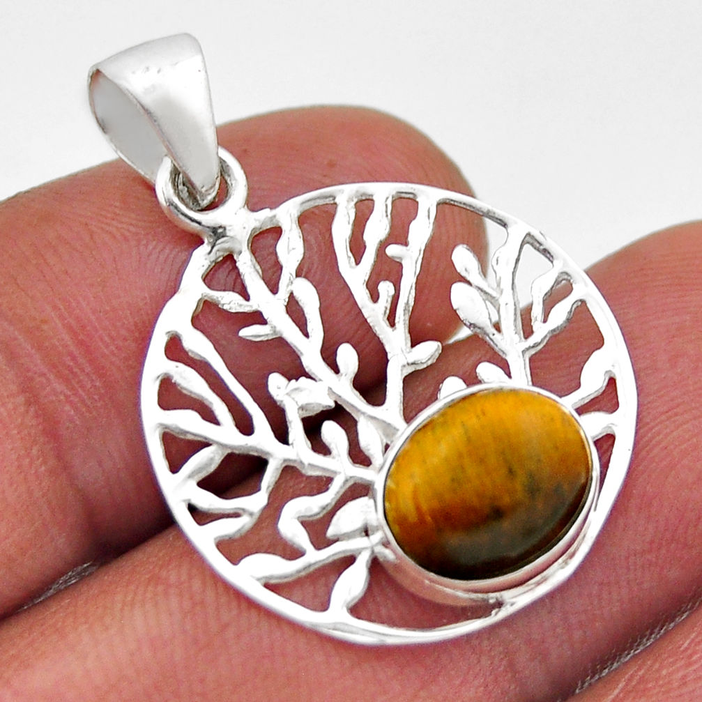 925 silver 3.76cts natural brown tiger's eye oval tree of life pendant n46212