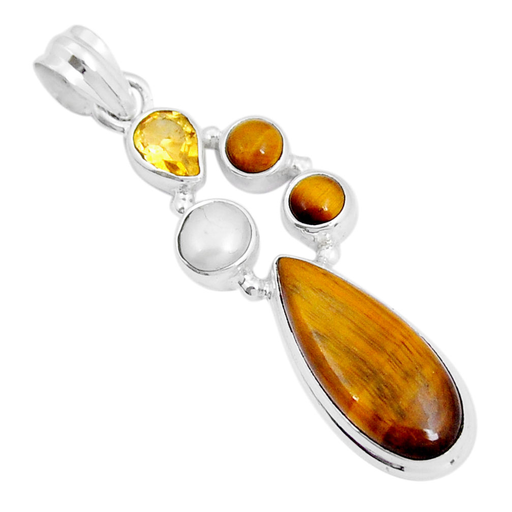 925 silver 12.12cts natural brown tiger's eye pear citrine pearl pendant y5520