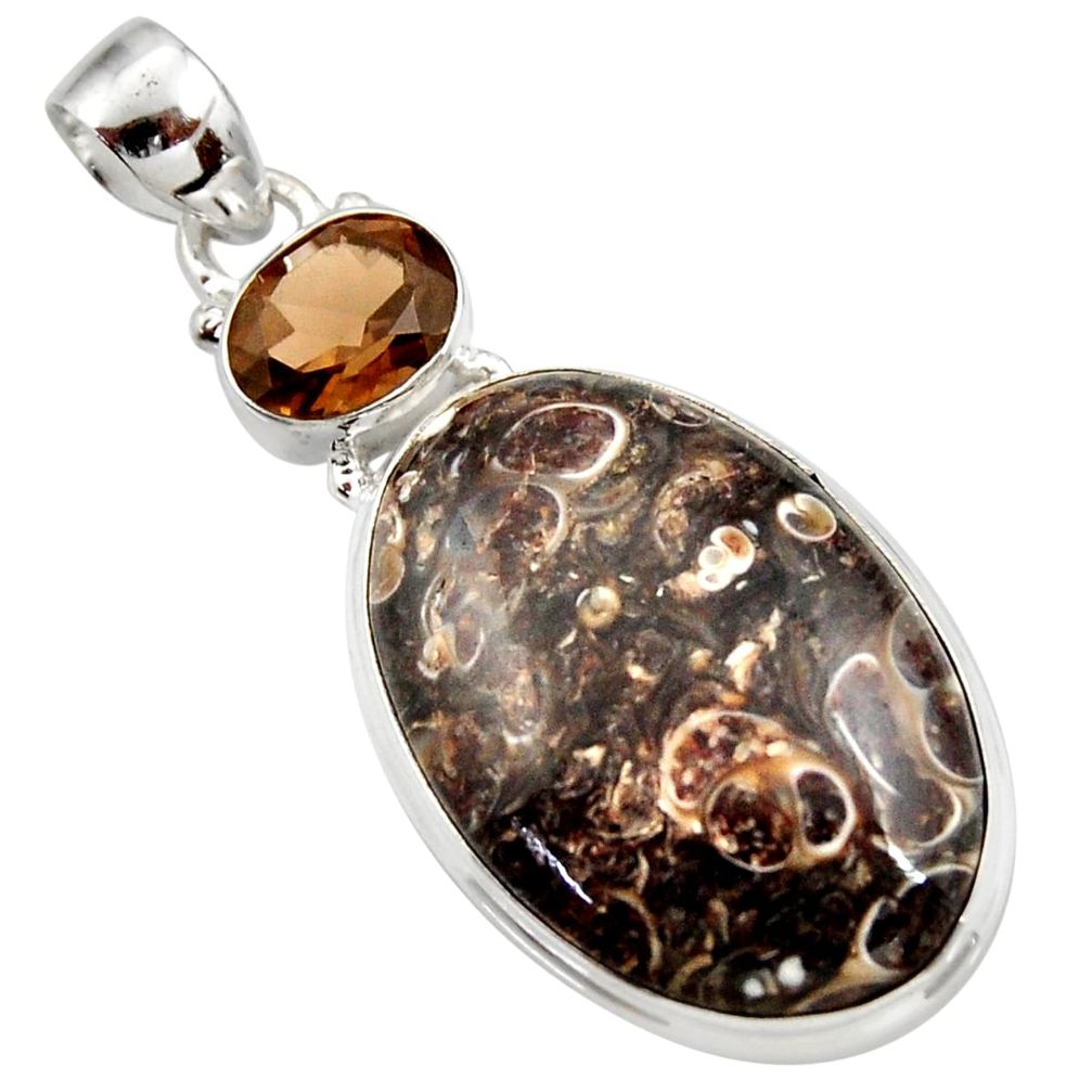 925 silver 22.59cts natural brown turritella fossil snail agate pendant d42319