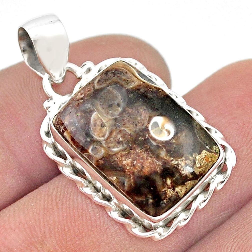 925 silver 13.27cts natural brown turritella fossil snail agate pendant d48609