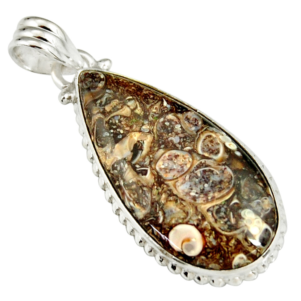 925 silver 15.65cts natural brown turritella fossil snail agate pendant r20144